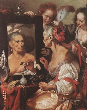 バロック Painting - 鏡の前の老婦人 イタリア・バロック様式 ベルナルド・ストロッツィ